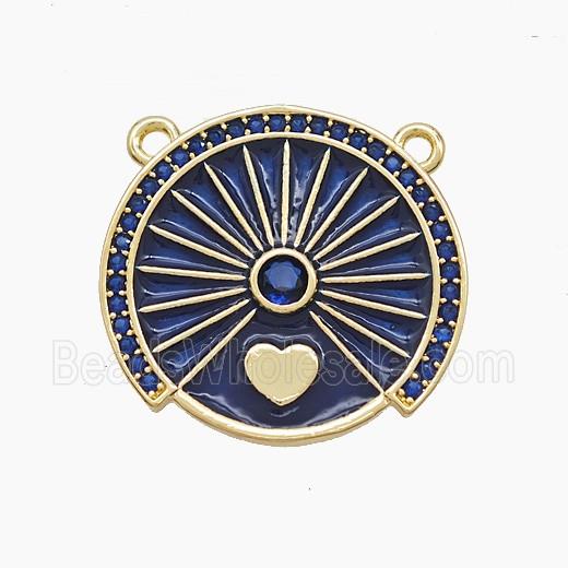 Copper Compass Disc Pendant Pave Zirconia Heart Blue Enamel 2loops Gold Plated