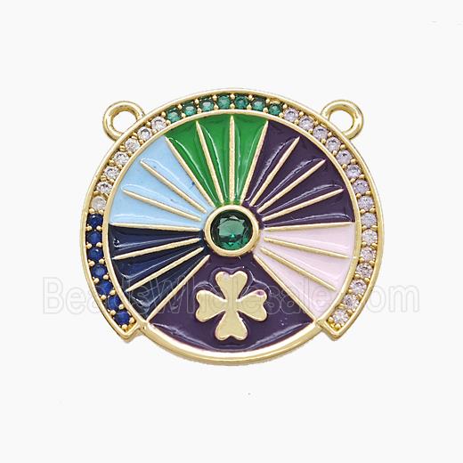 Copper Compass Disc Pendant Pave Zirconia Clover Multicolor Enamel 2loops Gold Plated