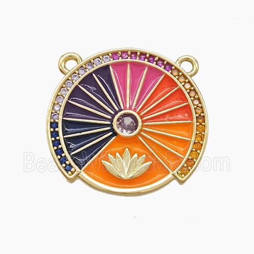 Copper Compass Disc Pendant Pave Zirconia Lotus Multicolor Enamel 2loops Gold Plated