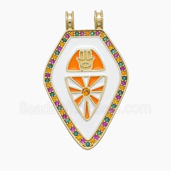 Copper Polygon Pendant Pave Zirconia White Enamel 2loops Gold Plated