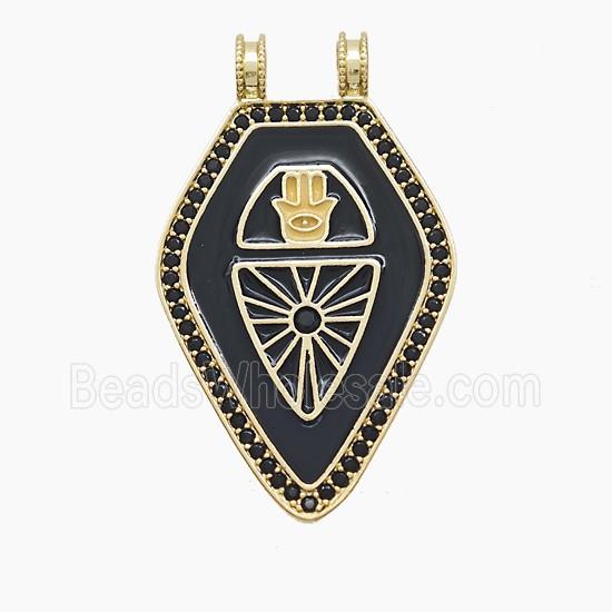Copper Polygon Pendant Pave Zirconia Black Enamel 2loops Gold Plated