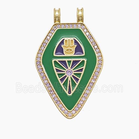Copper Polygon Pendant Pave Zirconia Green Enamel 2loops Gold Plated