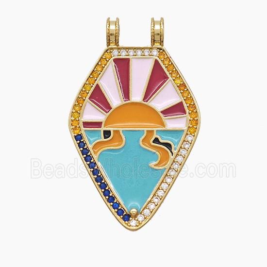 Copper Polygon Pendant Pave Zirconia Sun Multicolor Enamel 2loops Gold Plated