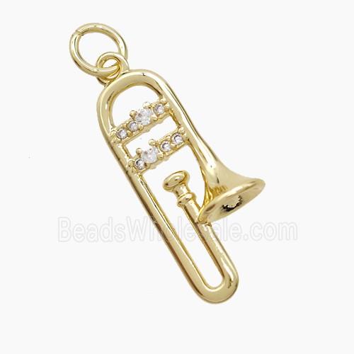 Copper Trombone Pendant Pave Zirconia Musical Gold Plated