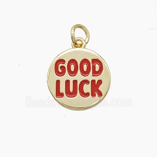 Copper GOODLUCK Pendant Red Enamel Gold Plated