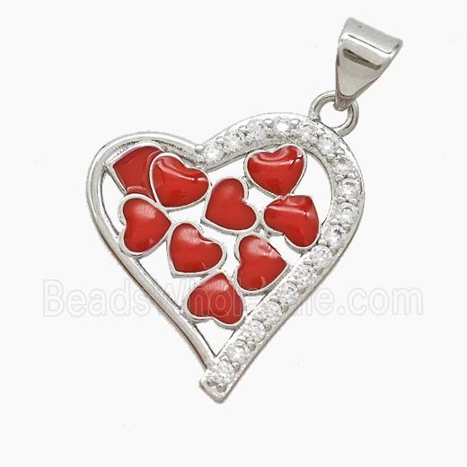 Copper Heart Pendant Pave Zirconia Red Enamel Platinum Plated