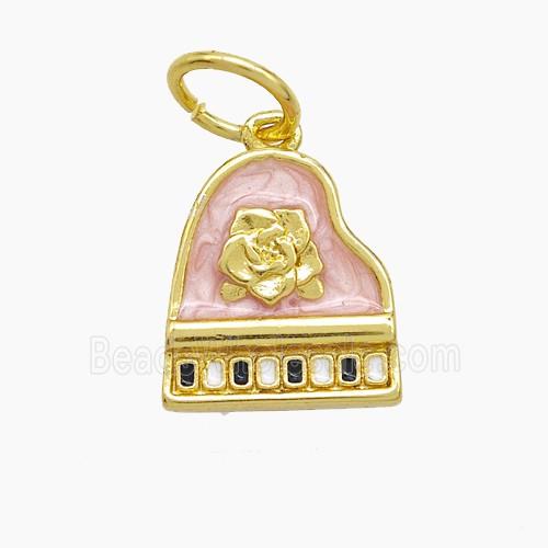 Piano Charms Copper Pendant Pink Painted Flower Musical Gold Plated