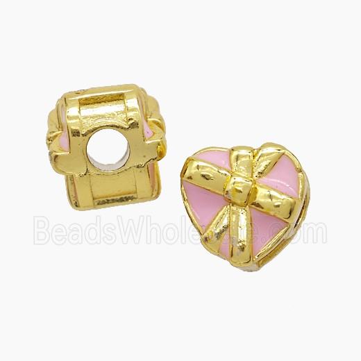 Copper Heart Beads Pink Enamel Large Hole Gold Plated