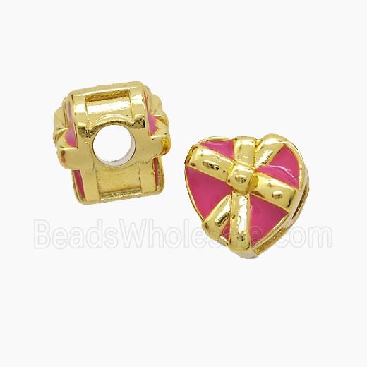 Copper Heart Beads DeepPink Enamel Large Hole Gold Plated