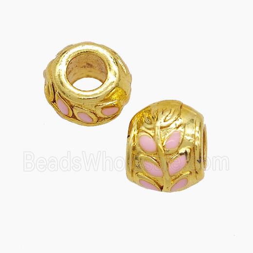 Copper Barrel Beads Pink Enamel Leaf Large Hole Gold Plated