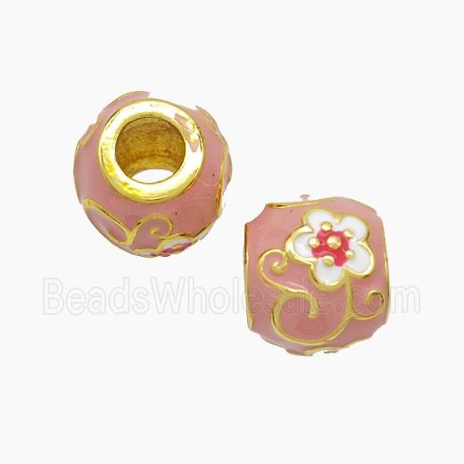 Copper Barrel Beads Pink Enamel Flower Large Hole Gold Plated