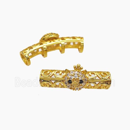 Copper Tube Beads Pave Zirconia Pig Curving Large Hole Gold Plated