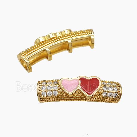 Copper Tube Beads Pave Zirconia Pink Red Enamel Heart Curving Large Hole Gold Plated