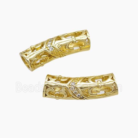 Copper Tube Beads Pave Zirconia Curving Large Hole Gold Plated