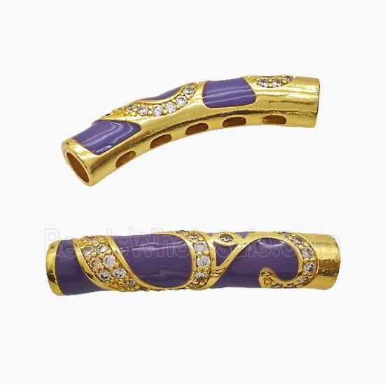 Copper Tube Beads Pave Zirconia Purple Enamel Large Hole Curving Gold Plated