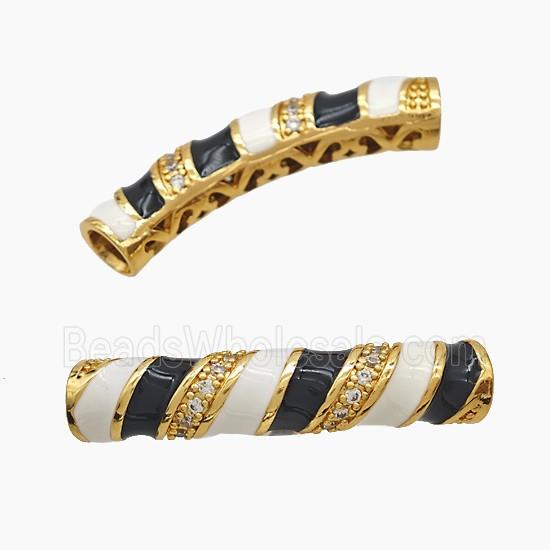 Copper Tube Beads Pave Zirconia White Black Enamel Large Hole Curving Gold Plated