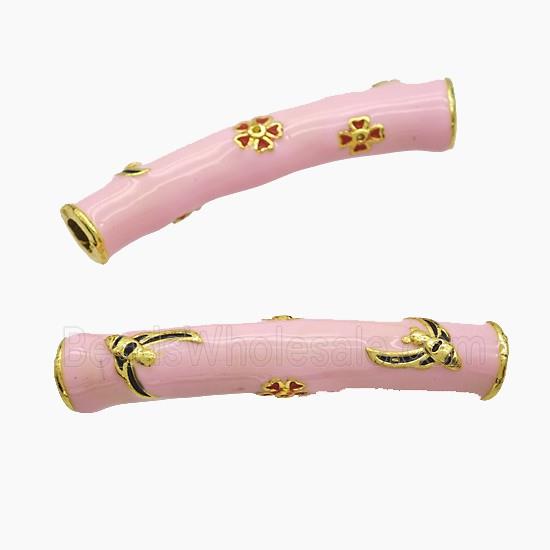 Copper Tube Beads Pink Enamel Large Hole Curving Gold Plated