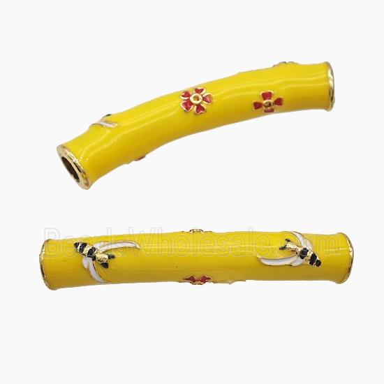 Copper Tube Beads Yellow Enamel Large Hole Curving Gold Plated