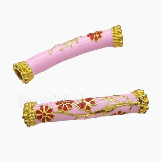 Copper Tube Beads Pink Enamel Large Hole Curving Flower Gold Plated