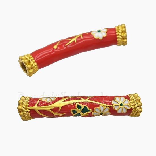 Copper Tube Beads Red Enamel Large Hole Flower Curving Gold Plated