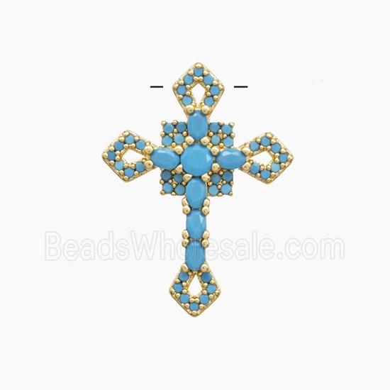 Copper Cross Pendant Pave Turqblue Zirconia Gold Plated