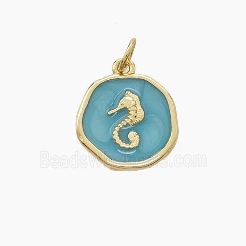 Copper Seahorse Pendant Green Enamel Gold Plated
