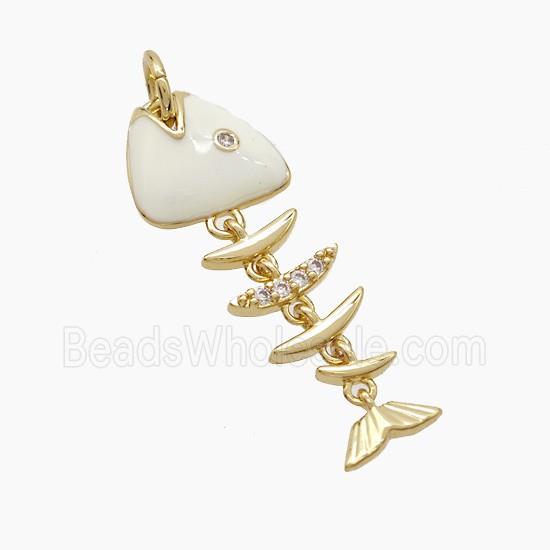 Copper Fishbone Pendant Pave Zirconia White Enamel Gold Plated