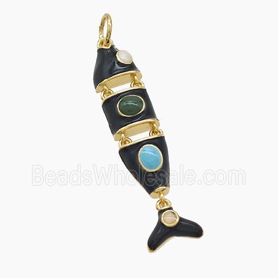 Copper Fish Pendant Pave Gemsone Black Enamel Gold Plated