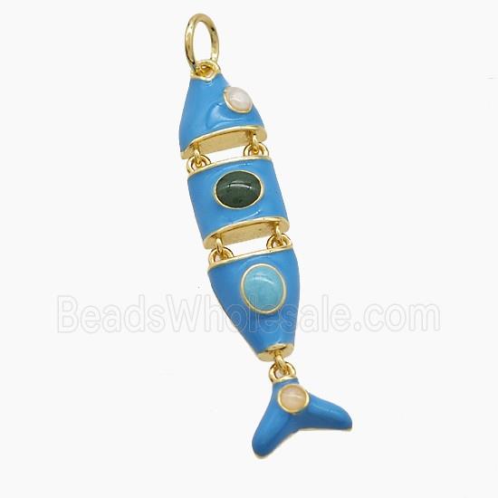 Copper Fish Pendant Pave Gemsone Blue Enamel Gold Plated