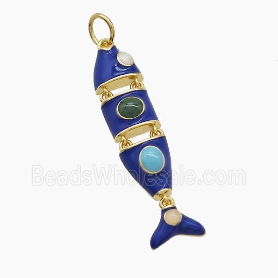 Copper Fish Pendant Pave Gemsone Royalblue Enamel Gold Plated