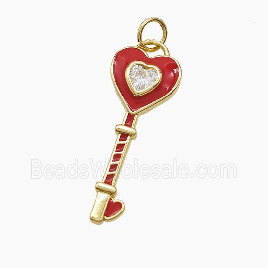 Copper Key Pendant Pave Zirconia Red Enamel Gold Plated