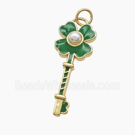 Copper Key Pendant Pave Resin Green Enamel Clover Gold Plated