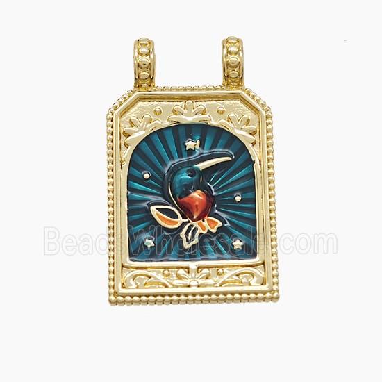 Copper Birds Pendant Green Painted Rectangle 2loops Gold Plated