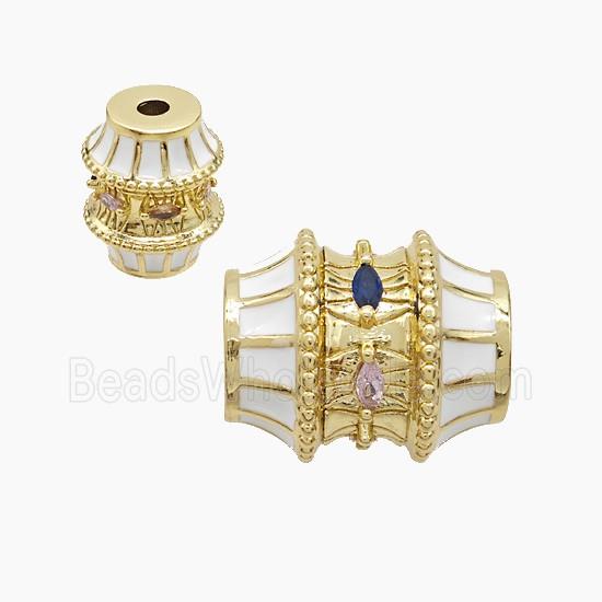 Copper Barrel Beads Pave Zirconia White Enamel Gold Plated
