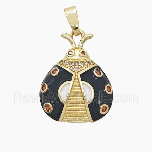 Copper Ladybug Pendant Pave Zirconia Black Enamel Gold Plated