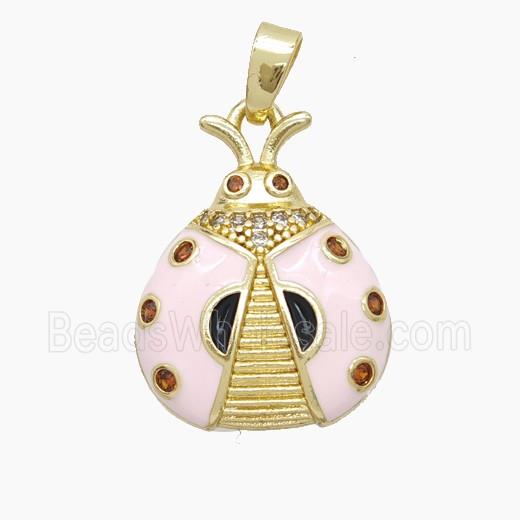 Copper Ladybug Pendant Pave Zirconia Lt.pink Enamel Gold Plated