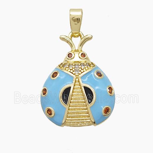 Copper Ladybug Pendant Pave Zirconia Blue Enamel Gold Plated