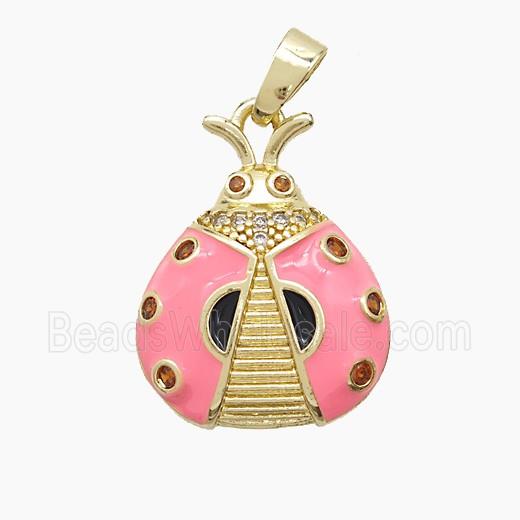 Copper Ladybug Pendant Pave Zirconia Pink Enamel Gold Plated