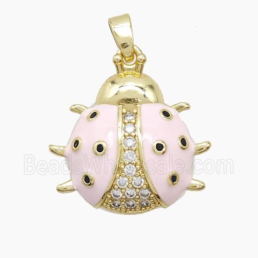 Copper Ladybug Pendant Pave Zirconia Lt.pink Enamel Gold Plated