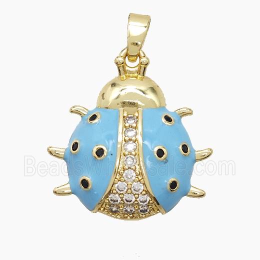 Copper Ladybug Pendant Pave Zirconia Blue Enamel Gold Plated