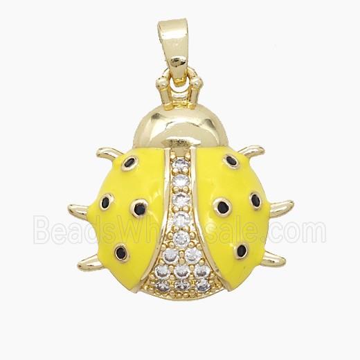 Copper Ladybug Pendant Pave Zirconia Yellow Enamel Gold Plated