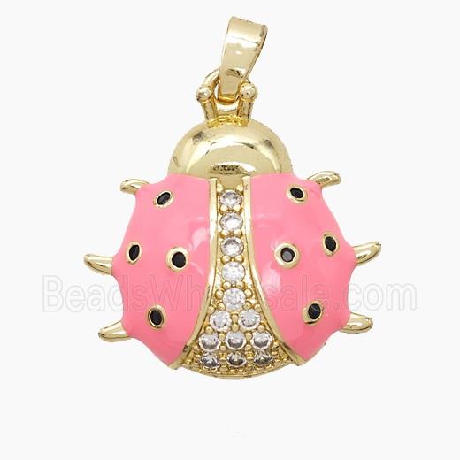 Copper Ladybug Pendant Pave Zirconia Pink Enamel Gold Plated