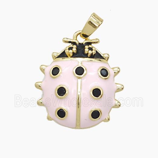 Copper Ladybug Pendant Pave Zirconia Lt.pink Enamel Gold Plated