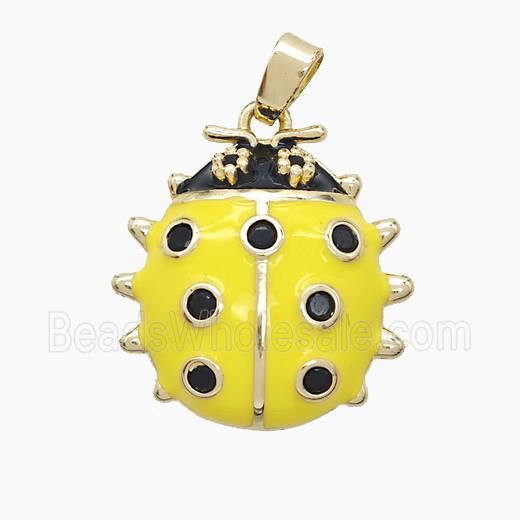 Copper Ladybug Pendant Pave Zirconia Yellow Enamel Gold Plated