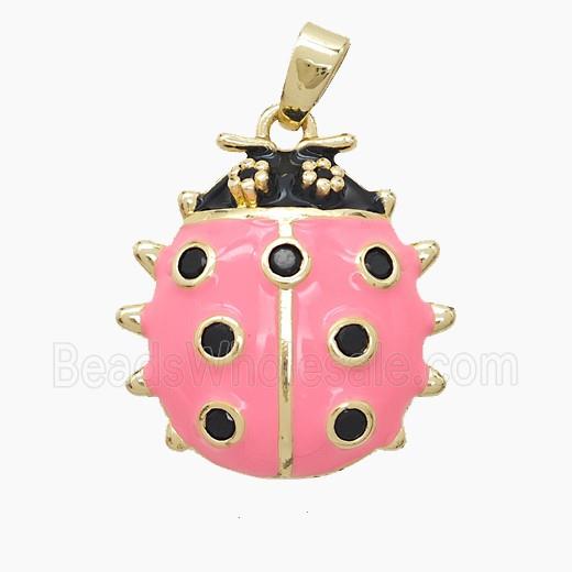 Copper Ladybug Pendant Pave Zirconia Pink Enamel Gold Plated