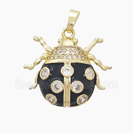 Copper Ladybug Pendant Pave Zirconia Black Enamel Gold Plated