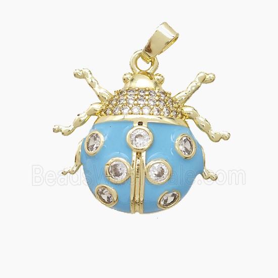 Copper Ladybug Pendant Pave Zirconia Blue Enamel Gold Plated