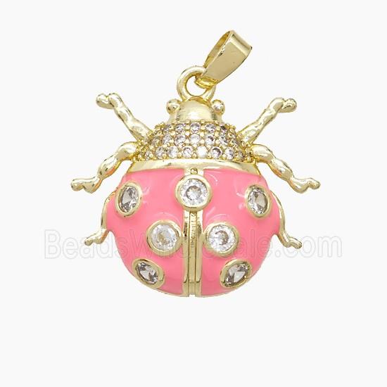 Copper Ladybug Pendant Pave Zirconia Pink Enamel Gold Plated