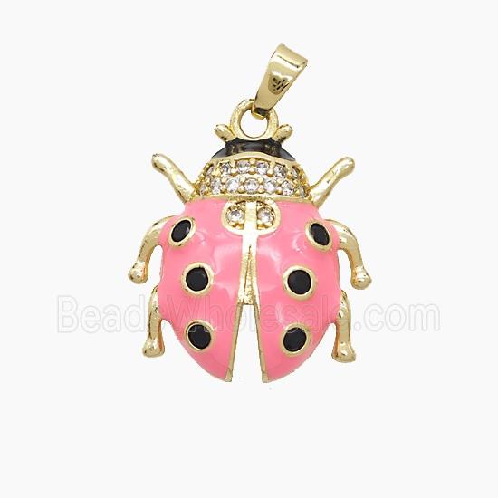 Copper Ladybug Pendant Pave Zirconia Pink Enamel Gold Plated
