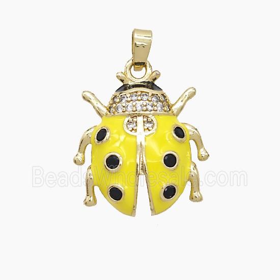 Copper Ladybug Pendant Pave Zirconia Yellow Enamel Gold Plated